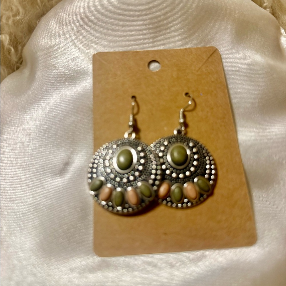 Silver w/Army Green & Peachy Stone accent Dangle Earrings